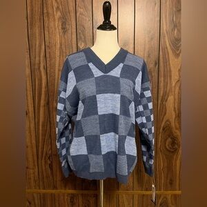 Vintage Y2K Sweet Tree Blue Checkered Long Sleeve V Neck Acrylic Sweater Sz M